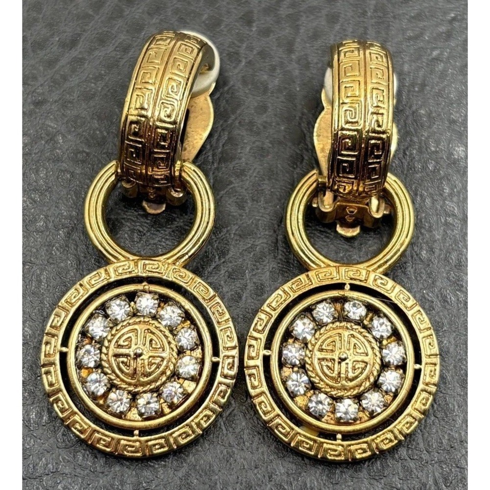 VTG 80's Style Greek Key Rhinestone Circle Drop Earrings Gold Tone Door Knocker